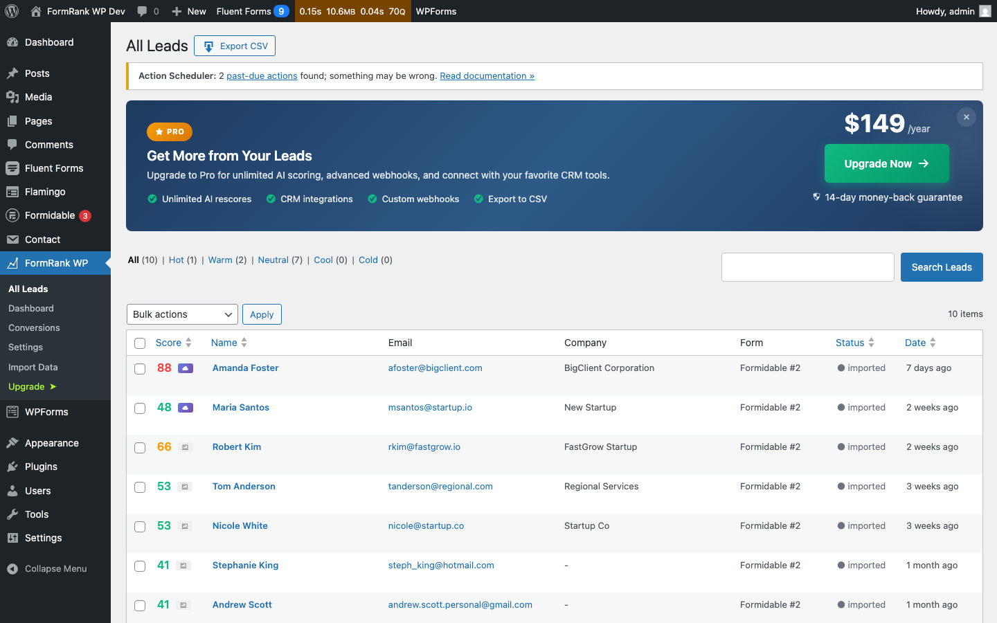 FormRank WP — All Leads View